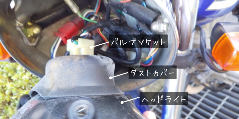 FTR223のヘッドライト、ダストカバー、バルブソケット。